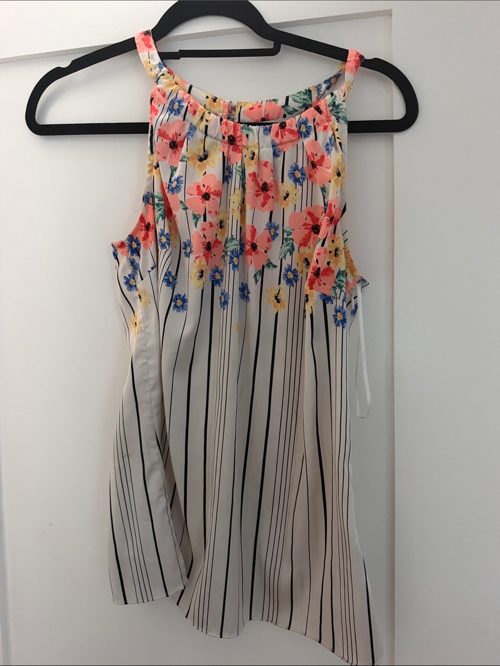 Floral Stripe Sleeveless Halter Top - White with Pink & Blue Floral